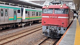 EF81-134[新潟]新津配給返却+E231系E233系宇都宮線警笛鳴らして大宮駅同時出発