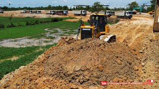 Amazing Power Shantui dh17c2 Dozer push soil into Water, 25t Dump Trucks unloading soil filling up