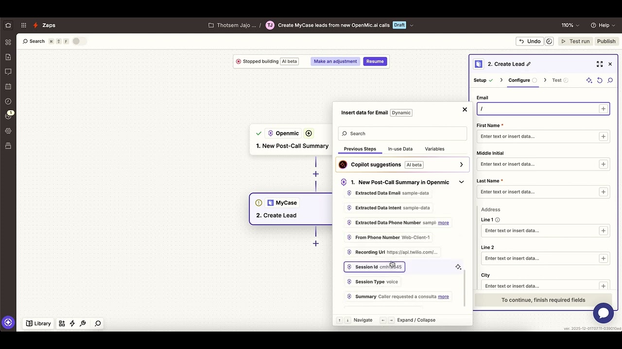 Zapier workflow diagram showing OpenMic calls flowing into MyCase lead records