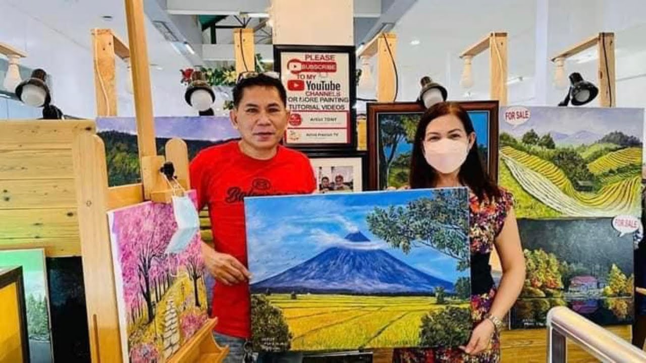 RICE FIELD MAYON VOLCANO ACRYLIC  LANDSCPE PAINTING  PH.