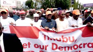 Tinubu Must Go! - Peter Obi, Dino, Atiku, Kwankwaso, Amaechi Lead Huge Crowd of Nigerians To INEC