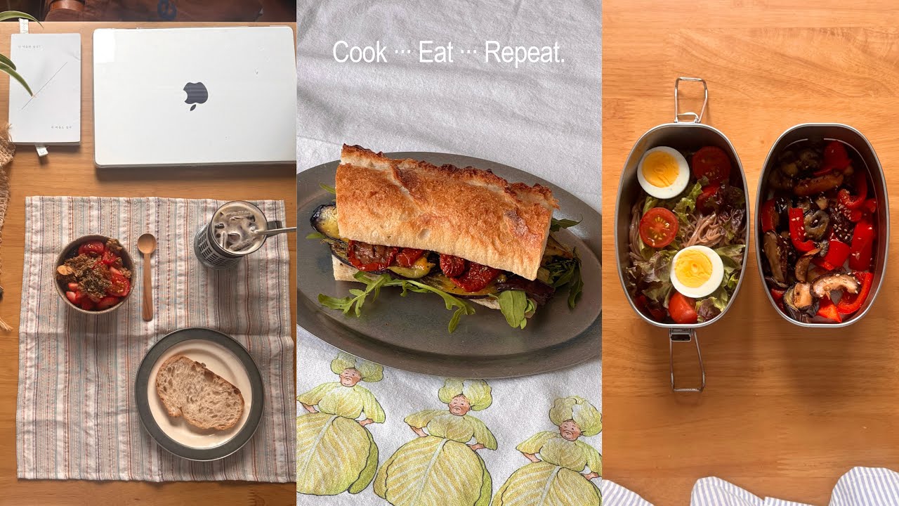 Vlog. 일주일 출근 도시락 싸고 토요일 브런치데이!🍝 | 채식파스타. 버섯샌드위치. 피넛버터 메밀면. 일상 브이로그