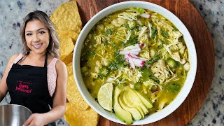 Seriously the Easiest and Most Delicious GREEN CHICKEN POZOLE \& CUCUMBER SALSA | Pozole Verde