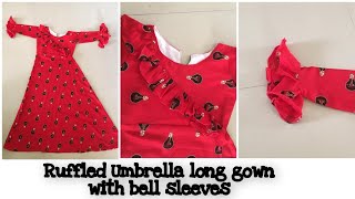 Latest frock with bell sleeves cutting and stitching | Long gown tutorial