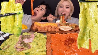 SUB)ASMR MUKBANG 핵꾸덕! 바질크림떡볶이& 핵매운🔥 마라로제떡볶이에 바삭튀김까지! basil tteokbokki eating show!'