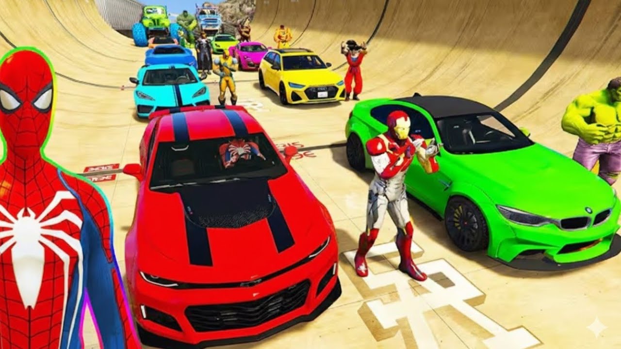 SPIDERMAN Vs HULK McQueen Friends CARS Sea CONTAINER JUMP Challenge ! SUPERHEROES Mack Truck - GTA V