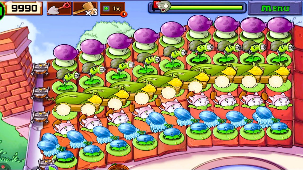 Plants Vs zombies Survival Roof Cob Cannon+Gatling Pea+Cattail+Winter Melon+Fume Shroom Vs Zombies