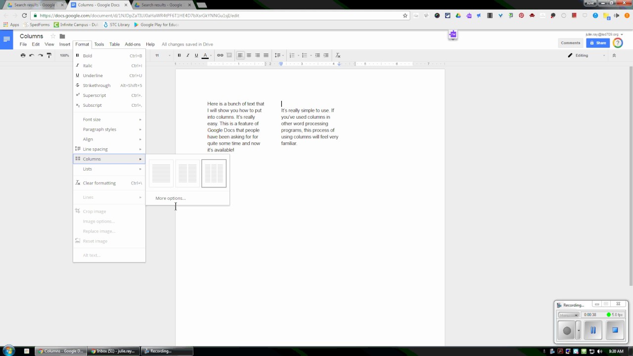 Columns in Google Docs