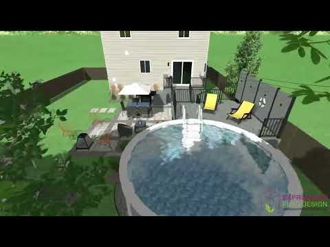 Cour arrière – Piscine hors terre et patio | Contemporain, gris et accents jaunes
