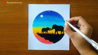 easy beautiful scenery drawing | easy mom and baby elephant drawing with oil pastel | for beginners