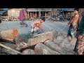 4 Labourious Worker Trying to Move Heavy Wood Pcs from One Place to Another in Saw Mill 4 Labourious Worker Trying to Move Heavy Wood Pcs from One Place to Another in Saw Mill