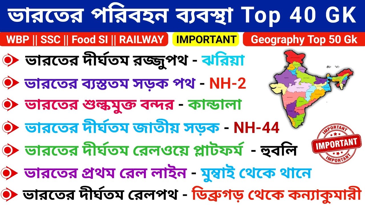 ভারতের পরিবহন ব্যবস্থা Top 40 GK || Transport System of India GK || Geography GK