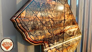 Reclaimed Wall Map with Epoxy Resin River and Road Inlay