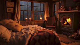 Crackling Firewood Burning & Raindrops Falling Sounds for Sleeping in Cozy Bedroom - Rain Sounds