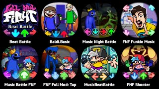 FNF Baldi Basic, FNF Starving Artist, FNF Rainbow Friends, FNF Squid Game, Music Night Battle