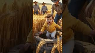 "Adorable Baby in a Wheat Field with Cowboys - Captivating Farm Life Moment"