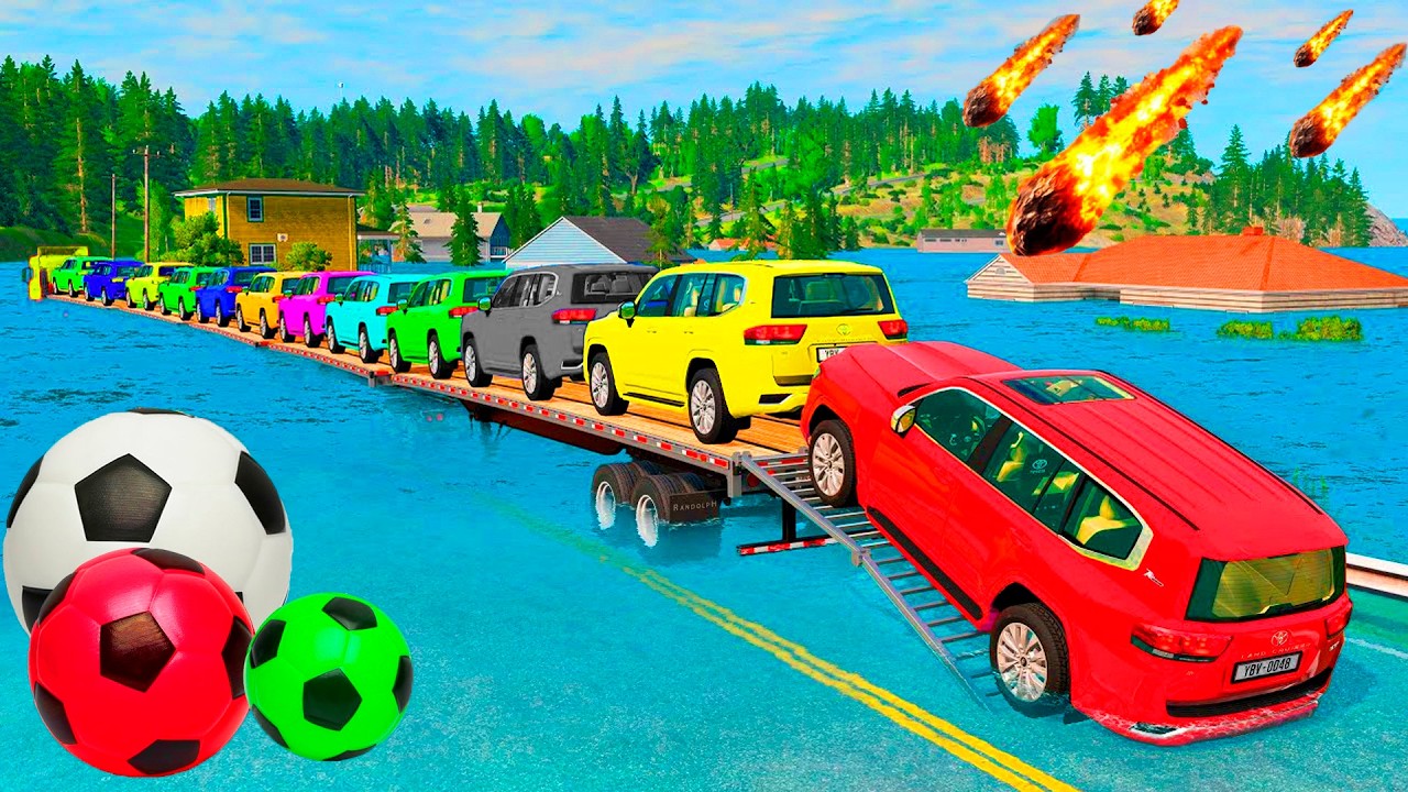 Triple Flatbed Trailer McQueen Transportation with Truck - Speedbumps vs Cars vs Train - BeamNG #
