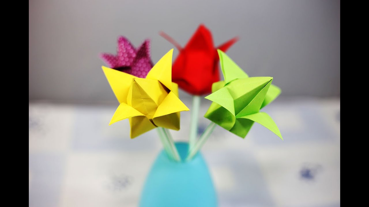 Origami - How To Make A Paper Tulip Flower - วิธีพับดอกไม้ โอริกามิ -  Youtube