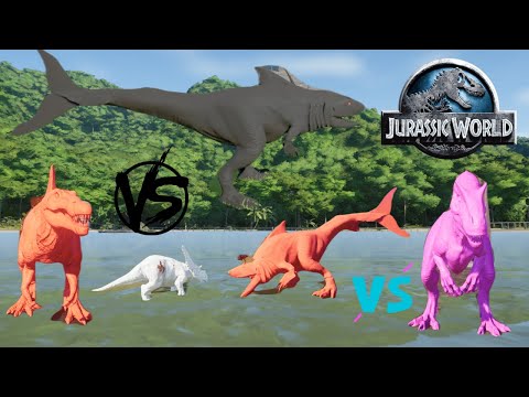 Demon Shark T-Rex vs Colourful epic Dinosaurs fighting battle in Jurassic World Evolution