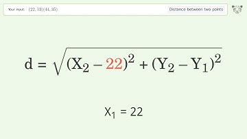 Find the distance between two points p1 (22,13) and p2 (44,35): Step-by-Step Video Solution
