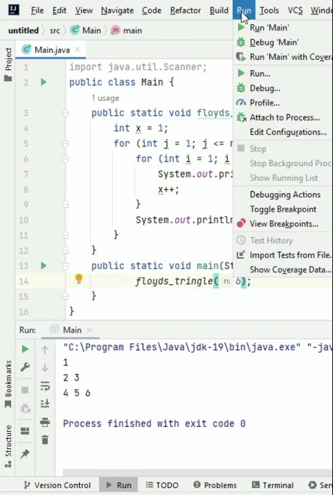Functions in java | Use of nested loop to print floyds triangle pattern ...