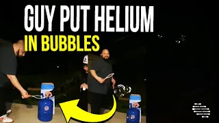 Guy Uses a Helium Tank to Put Helium in Bubbles Making Them Float up in the Air