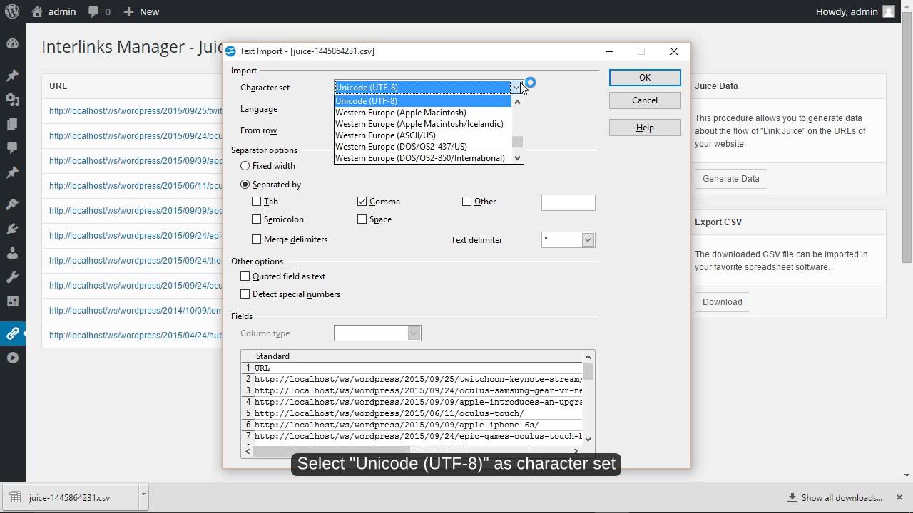 Interlinks Manager - Export the link juice data in a spreadsheet software