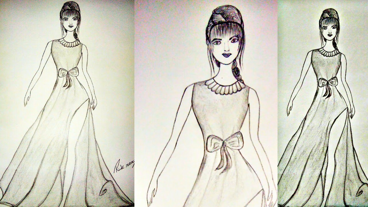 Beautiful Dress Sketch Step By Step || Party Wear Dress Sketches ...