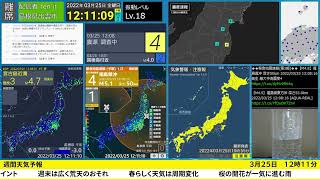 【緊急地震速報(予報)】［最大震度4］福島県沖 深さ 50km M5.1 2022年03月25日12時08分頃発生