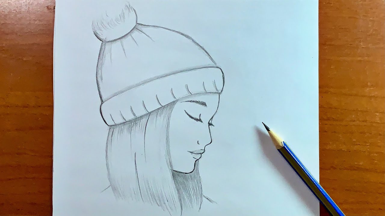رسم سهل  تعلم رسم بنت ترتدي قبعة شتائية ❄️