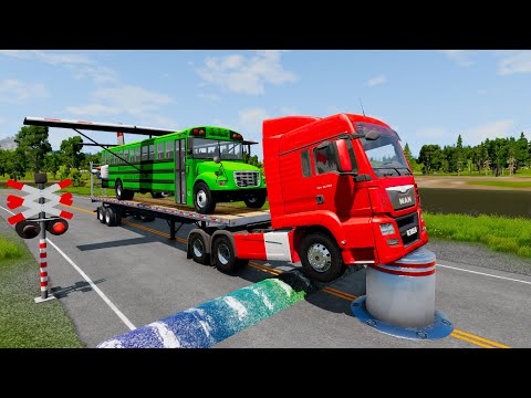 Double Flatbed Trailer Truck Rescue, Cars vs Rails Speed Bumps 