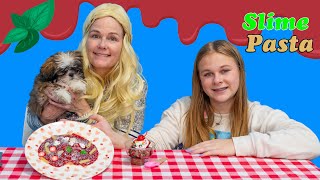 assistant makes slime pasta for funny dog waffles and her first customer