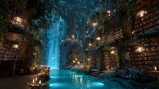 Moonlit Waterfall Library | Fantasy Forest Ambience with Magical Music for Deep Sleep & Study