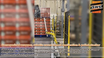 Conveyorized stretch wrapper with robotic corner board applicators and pallet stacker