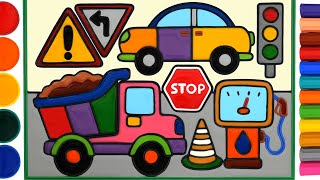 cars dump truck strees vehicles painting coloring for kids toddlers learn colors traffic light