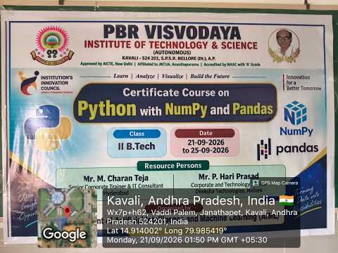 🚀 Python with NumPy & Pandas Workshop | 💻 PBR Visvodaya, Kavali | 🎓 Deeksha Technologies