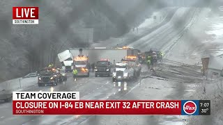 VIDEO: Crash involving CT DOT plow closes part of I-84 in Southington