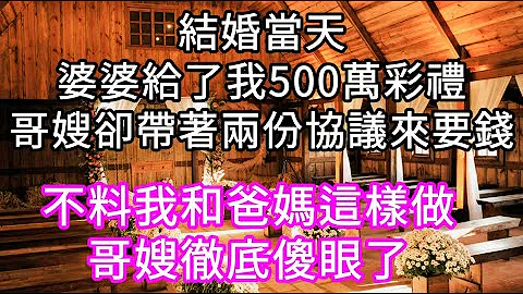 結婚當天婆婆給了我500萬彩禮哥嫂卻帶著兩份協議來要錢 不料我和爸媽這樣做哥嫂徹底傻眼了 #心書時光 #為人處事 #生活經驗 #情感故事 #唯美頻道 #爽文 - 天天要聞