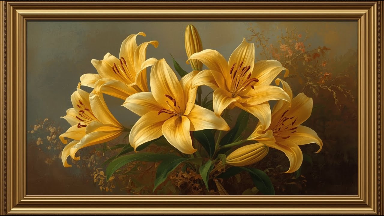 Vintage Golden Lilies Oil Painting | Elegant Gold Frame | Timeless Floral Art | TV Screensaver 4K