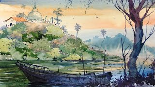 Watercolor  painting  - A place of worship located in the middle of an island surrounded by a lagoon