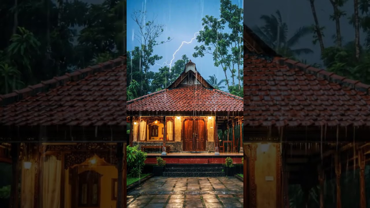 Peaceful Thunderstorm in Bali - Rain Falling on Red Roof Tiles 