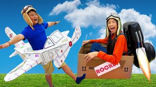 alex and wendy pretend play ride on airplane and rocket toys kids pretend to be pilots