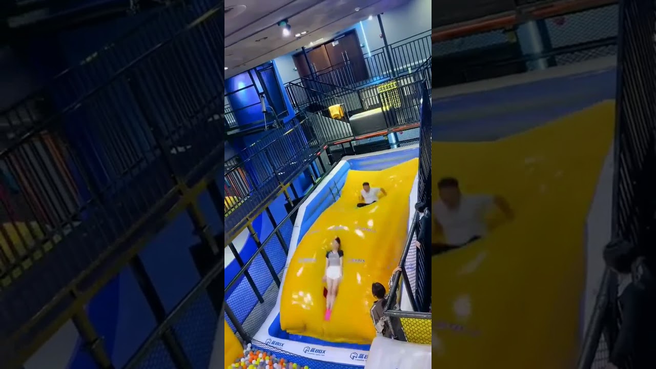 Girl flying in the air like superman using trampoline 