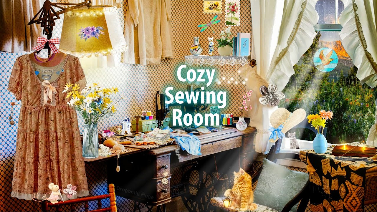 Cozy Sewing Room 🧵 ASMR Ambience (rain, sewing machine, stitching