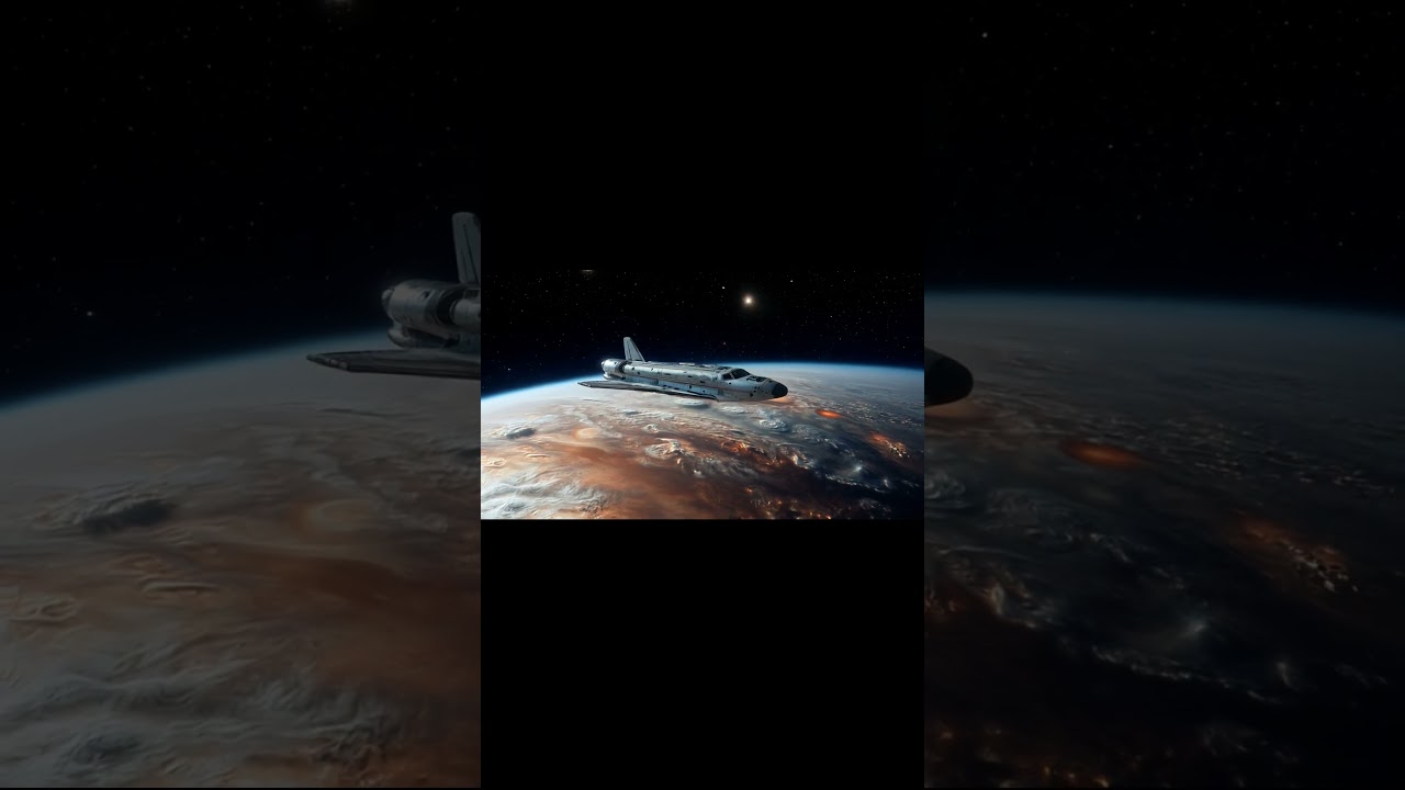 A shuttle orbiting Jupiter View of beautiful space and stars