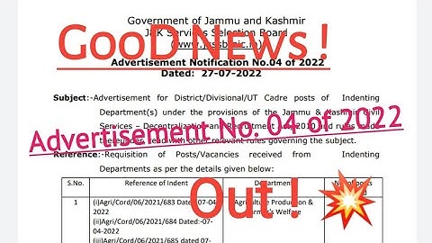 GooD News - Jkssb Advertisement No. 04 of 2022 750+ Posts | 10th , 12th & Graduation Based