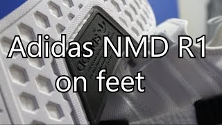 Adidas NMD R1 White/Black on feet