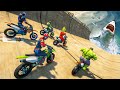 Spiderman and superheroes motorcycles ragdoll with hungry sharks over sea ep463
