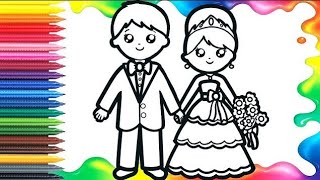 Cute Bride & Groom Drawing, Painting Colouring For Kids Toddler How to Draw Bride& Groom@Artworld06