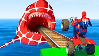 GTA 5 Crazy Ragdolls  | Spiderman by Quad Bike On Rainbow Spiders Bridge (Spider Shark Jumps)